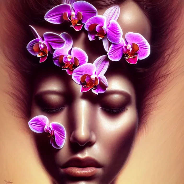 Prompt: face made of orchid, diffuse lighting, fantasy, intricate, elegant, highly detailed, lifelike, photorealistic, digital painting, artstation, illustration, concept art, smooth, sharp focus, art by Giuseppe Arcimboldo