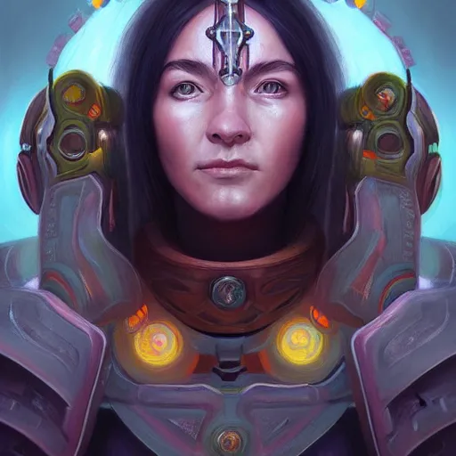 Image similar to portrait of a future metaverse cyborg tech shaman warrior by Mandy Jurgens, cartoon, oil painting , visionary art, symmetric, Magick symbols, holy halo, shipi bo patterns, sci-fi