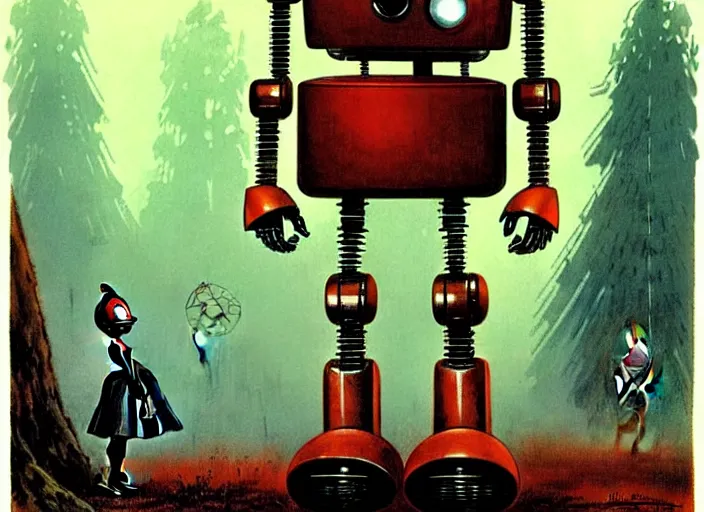 Image similar to 1 9 5 0 s retro - future robot android, forrest in background, muted colors, by jean baptiste monge, chrome red