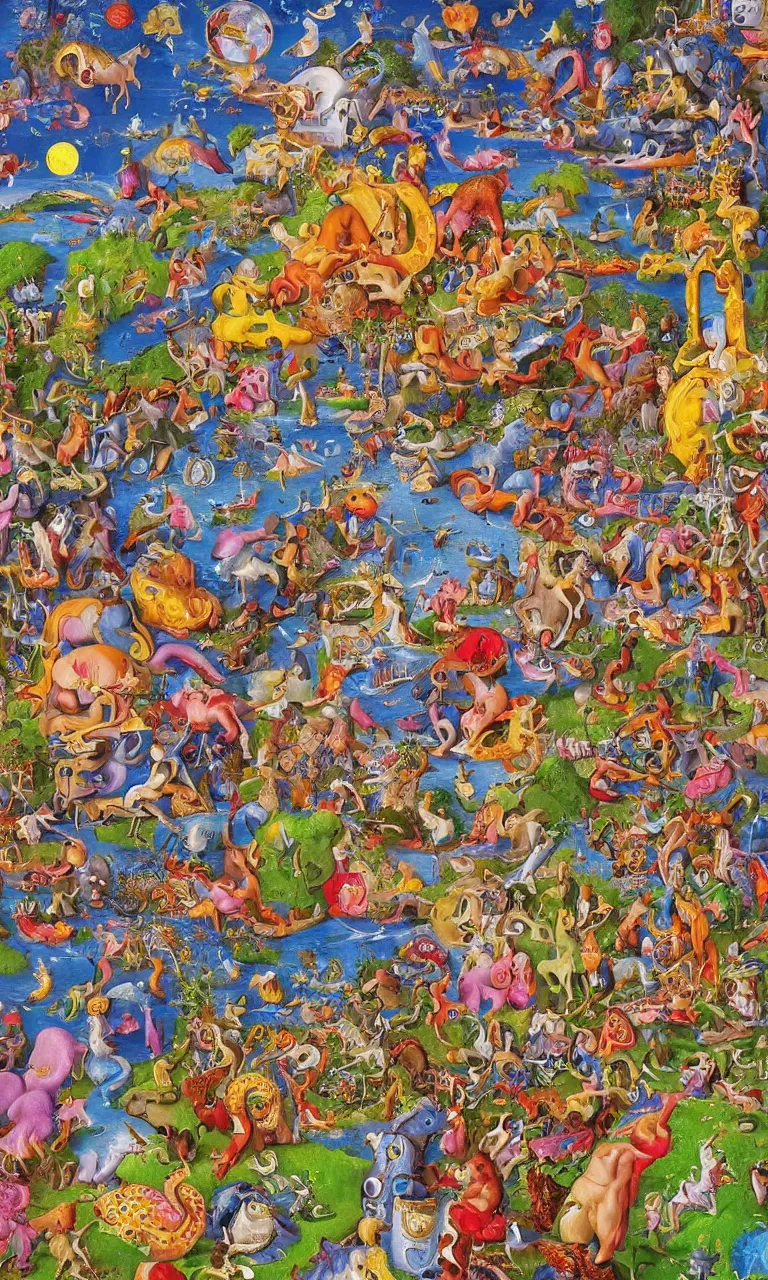 Prompt: an incredibly detailed masterpiece painting of a I SPY puzzle by bosch and lisa frank, ornate, beautiful, bold colors, detailed, high resolution, wow!, intricate