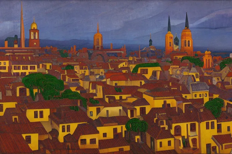 Image similar to view of the old city and its tree-lined winding streets after a storm, tall windows lit up, beautiful ornamental architecture, dramatic cinematic lighting, rich colors, by Nicholas Roerich and and Caspar David Friedrich and ford madox brown and April Gornik and ((Diego Rivera)), featured on artstation