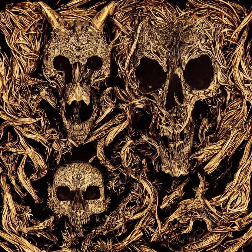 Image similar to photo portrait of skull of wolf, lying on bones, dramatic lighting, golden ornaments, symmetric, intricate skeletal decorations, symmetry, highly detailed, concept art, black, red, white, gold layers, super moon, style of nekroxiii, hyperrealistic, dark background, smoke