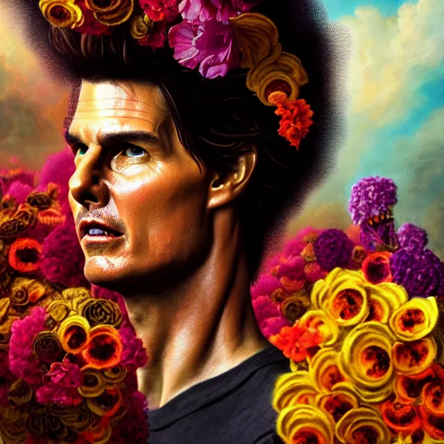 Image similar to bizarre surreal renaissance portrait of tom cruise with a a flower afro made out of various flowers, dramatic cinematic lighting, bold colors, 8 k, beautiful intricate painting, hyper realistic, octane render