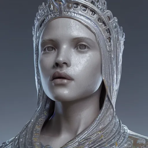 Prompt: statue young woman queen, chrome, reflect 8 k uhd, unreal engine, octane render in the artstyle of finnian macmanus, john park and greg rutkowski