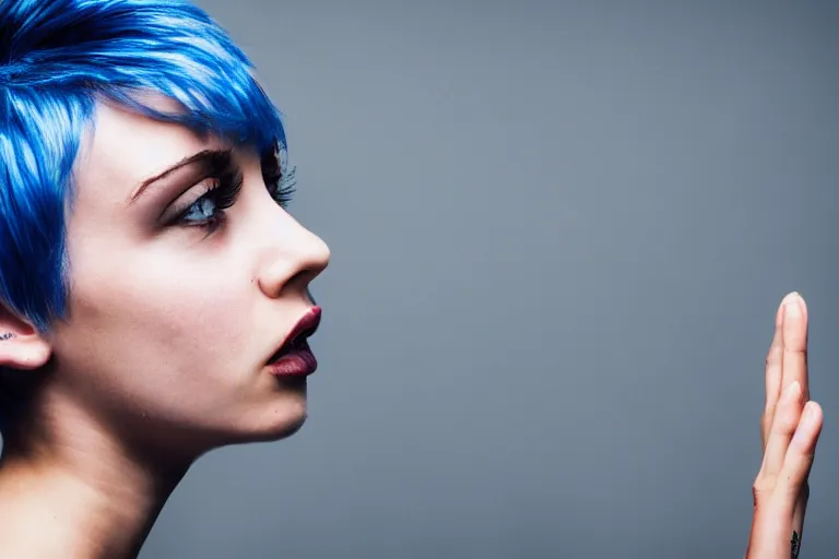 Image similar to photo of young cute punk woman with blue pixie cut posing, hyper detailed