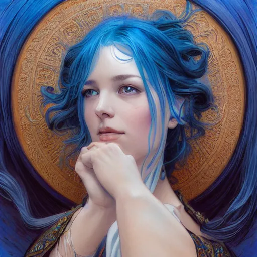 Image similar to goddess, blue hair, long hair, hands open for a hug, intricate, elegant, ethereal, highly detailed, digital painting, artstation, concept art, smooth, sharp focus, illustration, art by artgerm and greg rutkowski and alphonse mucha