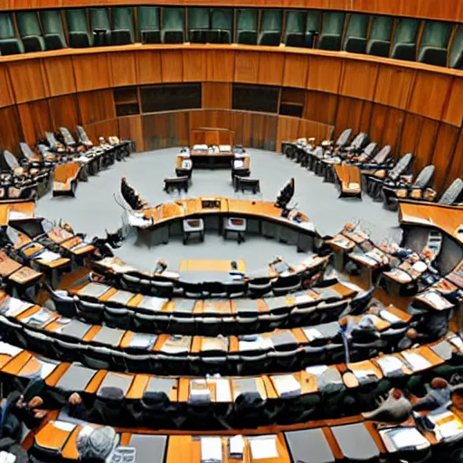 Image similar to interior of the israeli parliament, located in the center of a building site in israel, wide shot