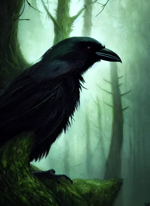 Image similar to side portrait dark crow (animal), close-up, fantasy forest landscape, moonshine, fantasy magic, nice black feather, proud, green dark light night, intricate, elegant, sharp focus, illustration, highly detailed, digital painting, concept art, matte, art by WLOP and Artgerm and Greg Rutkowski and Alphonse Mucha, masterpiece