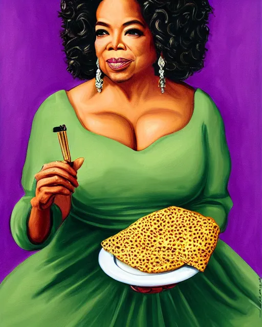 Prompt: queen oprah eating a burrito by greg hildebrant fancy rococo baroque regal oprah oil painting high quality award winning clothed in fancy garb