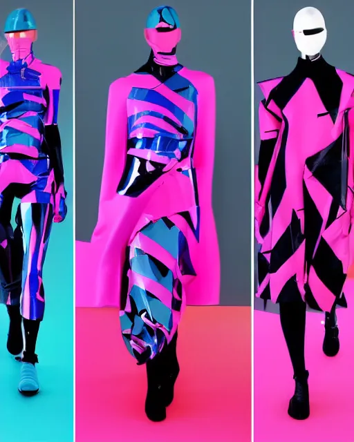 Image similar to a leaked screenshot of Balenciaga's fall 2049 fashion week, prismatic, dazzle camouflage!, dayglo pink, dayglo blue, Bladerunner, cyberpunk