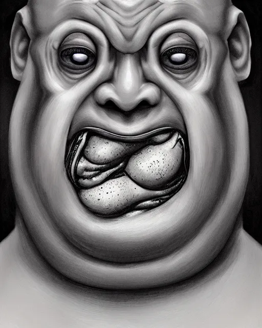 Image similar to Two-headed portrait Painting of a chubby fat EXTRATERRESTRIAL creature with big bulging eyes, white milky eyes, eyeballs, two heads, flabby skin, excess skin hanging from cheeks, straw-like beard growing from face, disgusting, creepy, unsettling, horror, upper body, intricate, wild, highly detailed, digital painting, artstation, concept art, smooth, sharp focus, illustration, art by artgerm and greg rutkowski and alphonse mucha