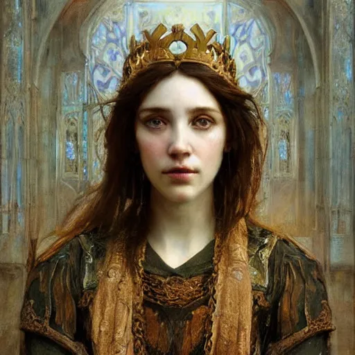 Image similar to detailed realistic beautiful young medieval queen face portrait by ruan jia, art nouveau, symbolist, visionary, gothic, pre - raphaelite