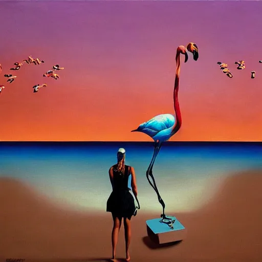 Image similar to A surreal oil painting of a puzzle containing a beautiful woman and Flamingos on a desert beach by Salvador Dali, dark vibes, high contrast, cinematic, depth of field