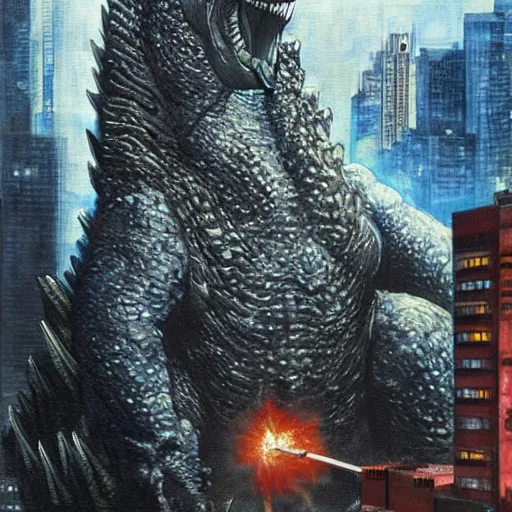 Prompt: a hyper-realistic studio oil-painting of a giant Godzilla destroying new-york; hyper-detailed; an extraordinary masterpiece!!!; flawless; trending on artstation