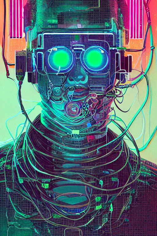 Image similar to stunning highly detailed portrait of a neuromancer billy gaat with cyber headgear surrounded by wires, neon colors, oil on canvas, strong lighting, by Josan Gonzalez, HD, 4K