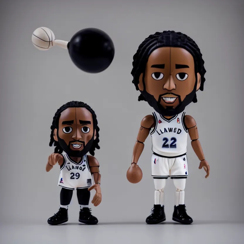 Image similar to kawhi leonard as vinyl toy by'pay jay figure ', studio product photography with a single strobe light, lowkey light, dark studio background, rare collector toy,