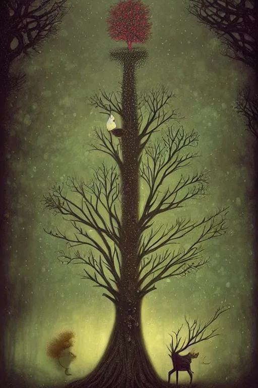 Prompt: surreal, fantasy, fairytale animals, hangman's tree, crossroads, forest, by andy kehoe