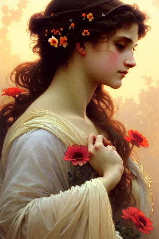 Image similar to sad flower girl, highly detailed, wonderful eyes, cute, digital painting, artstation, smooth, clear focus, illustration, art by artgerm and greg rutkowski, alphonse mucha, william - adolphe bouguereau, style by emile vernon