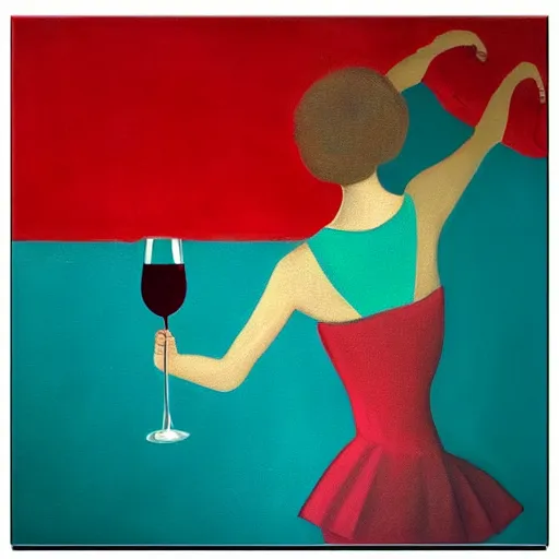 Image similar to square painting of a ballerina drinking wine in a teal room all on a red background