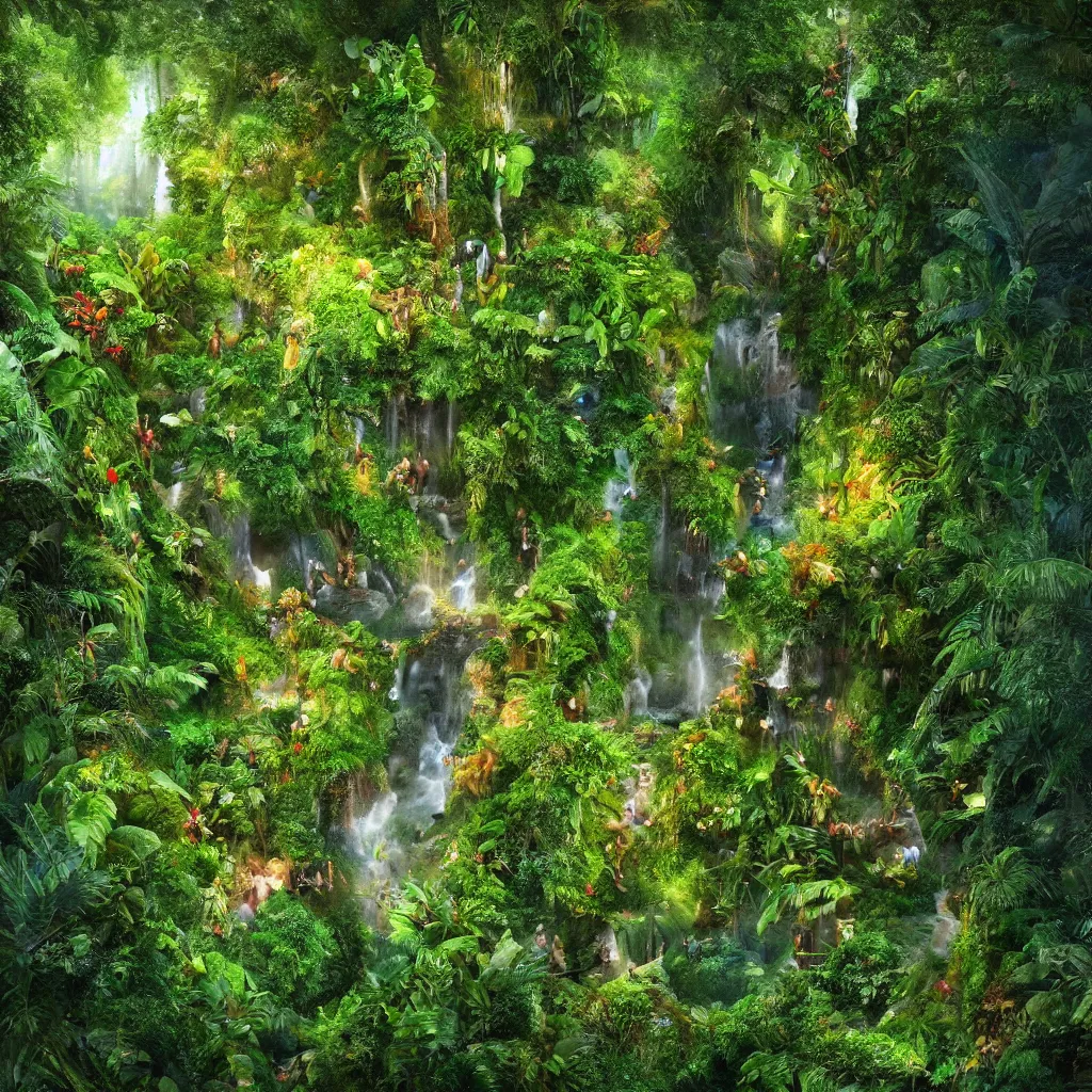 Image similar to a jungle garden in amazon, detailed dreamscape, hyperreal phantastic, drone shot, intricate details in environment, golden ratio, high aestehtic, waterfalls and lakes, cinematic light dramatic light, lightrays, in the style of terrence mallick cinematography, trending on artstation