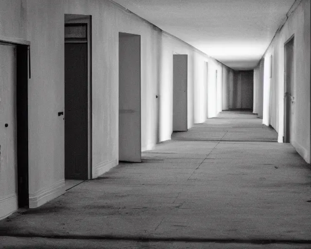 Image similar to an empty partially dark liminal space hallway that looks like the backrooms, photograph, horror