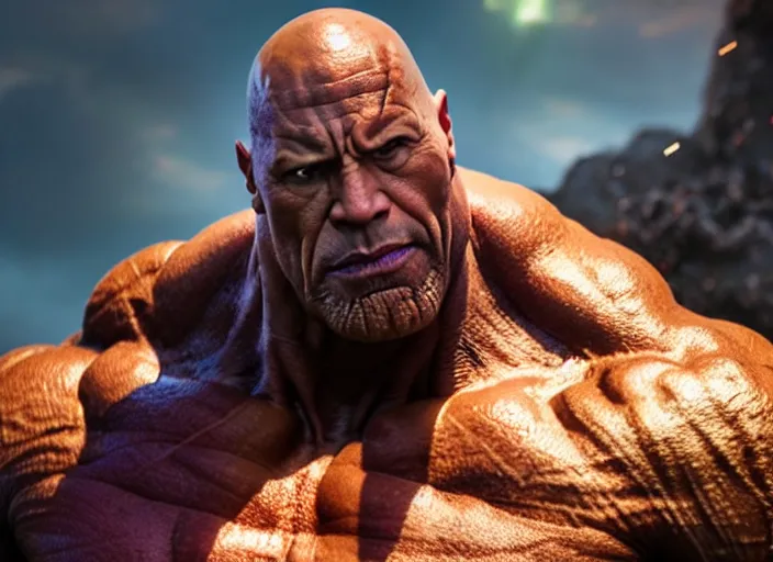 Prompt: Dwayne Johnson as Thanos, au naturel, hyper detailed, digital art, trending in artstation, cinematic lighting, studio quality, smooth render, unreal engine 5 rendered, octane rendered, art style by klimt and nixeu and ian sprigger and wlop and krenz cushart