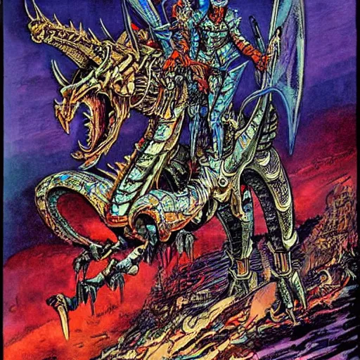 Prompt: middle age knight riding a giant mechanical dragon, art by philippe druillet,