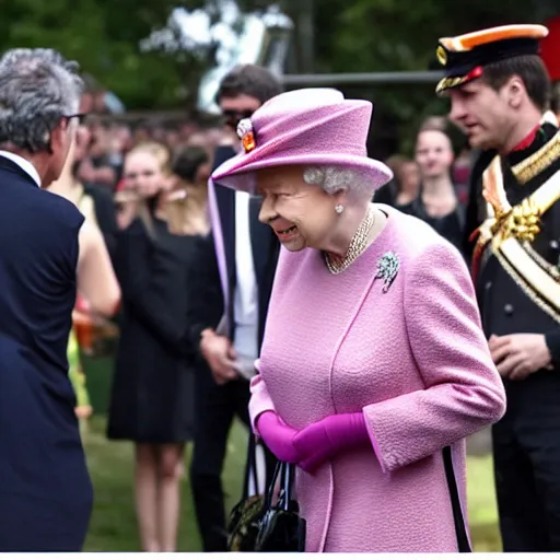 Prompt: the queen of england at a techno party smoking a joint, hyper realistic