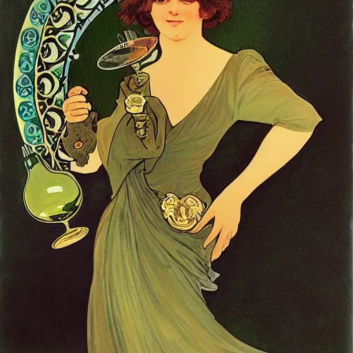 Image similar to a black cat with green eyes, holding a champagne flute filled with blue liquid, green background, in the style of Alphonse Mucha