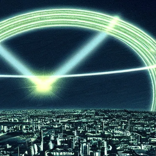 Prompt: flying saucers destroying a city with lasers