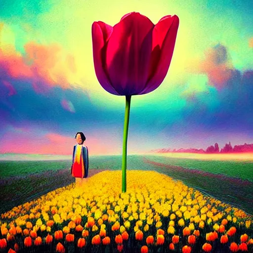 Image similar to large tulip as a head, girl standing in a flower field, surreal photography, sunrise dramatic light, impressionist painting, colorful clouds, digital painting, artstation, simon stalenhag