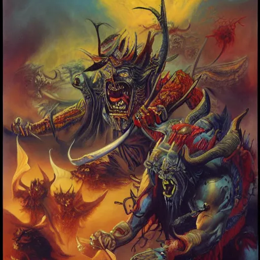 Prompt: demons warriors by boris vallejo and guillermo del toro, highly detailed, sharp, 8 k, deep colors, oil painting, sharp focus