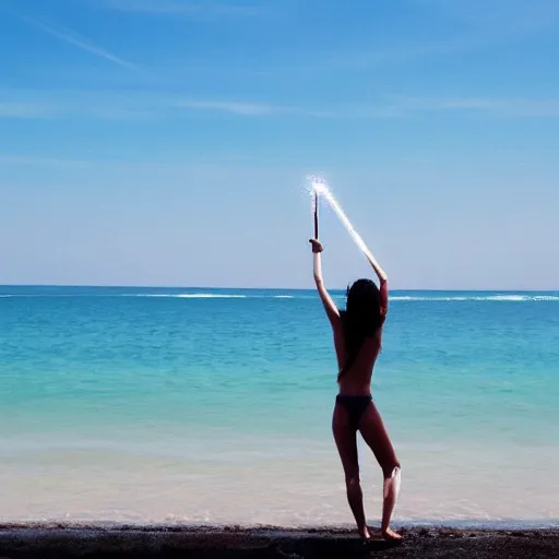 Prompt: girl on the beach taking shower