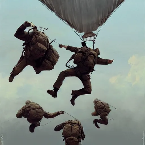 Image similar to airborne paratroopers jumping from parachutes, style of greg rutkowski