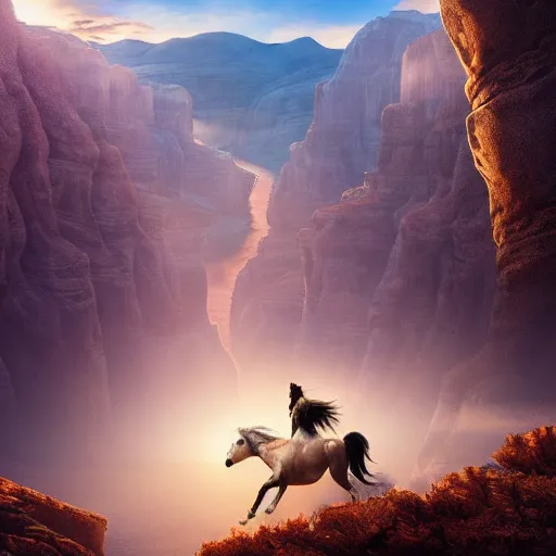 Image similar to spirit, the wild horse from the spirit movie, with the young girl named lucky on the horseback galloping next to a canyon into the sunset, movie poster, intricate detail, 8 k, trending on artstation, octane render