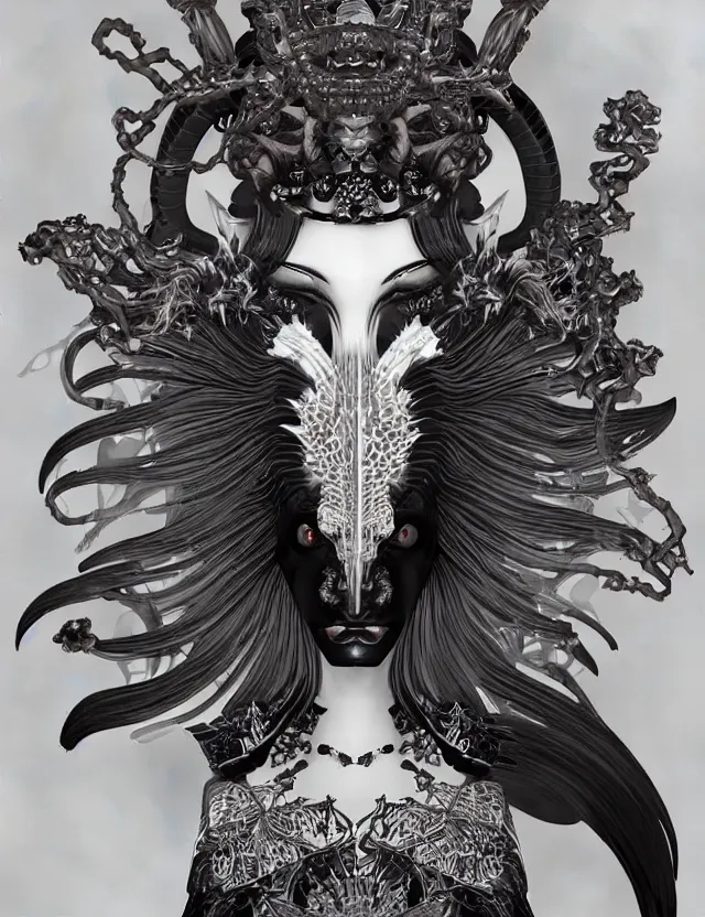 Image similar to 3 d goddess close - up profile satan biohazard portrait with crown, ram skull. beautiful intricately detailed japanese crow kitsune mask and clasical japanese kimono. betta fish, jellyfish phoenix, bio luminescent, plasma, ice, water, wind, creature, artwork by tooth wu and wlop and beeple and greg rutkowski