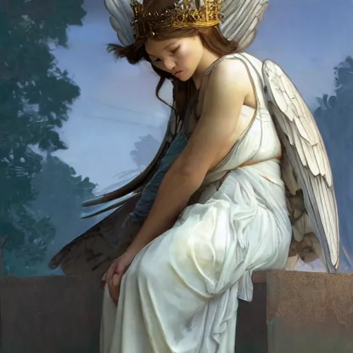 Image similar to Sitting angel girl from TLOU that holding crown in hands, highly detailed, digital painting, artstation, concept art, smooth, sharp focus, illustration, ArtStation, art by artgerm and greg rutkowski and alphonse mucha and J. C. Leyendecker and Edmund Blair Leighton and Katsuhiro Otomo and Geof Darrow and Phil hale and Ashley wood and Ilya repin and Charlie Bowate