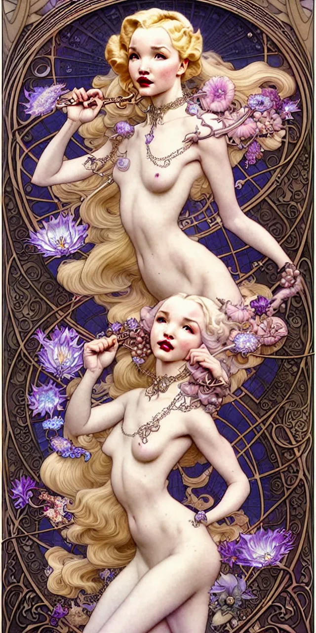 Image similar to beautiful dove cameron art nouveau fantasy character portrait, ultra realistic, intricate details, the fifth element artifacts, highly detailed by peter mohrbacher, hajime sorayama, wayne barlowe, boris vallejo, aaron horkey, gaston bussiere, craig mullins alphonse mucha, art nouveau curves swirls and spirals, flowers pearls beads crystals jewelry goldchains scattered