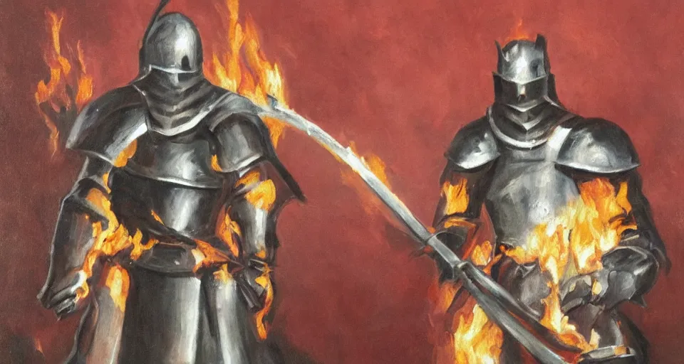 Image similar to An oil painting of a knight in dark metal armor wielding a flaming sword