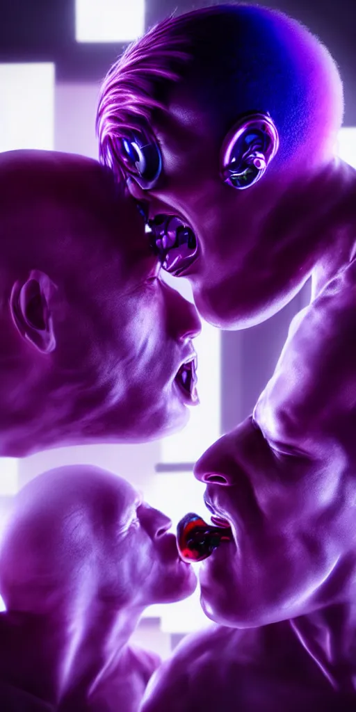 Prompt: hyperrealistic close-up of cyborg albino man kissing another man with purple hair and pearlescent blue skin james paick machiej kuciara very dramatic neon lighting on one side wide angle 35mm shallow depth of field