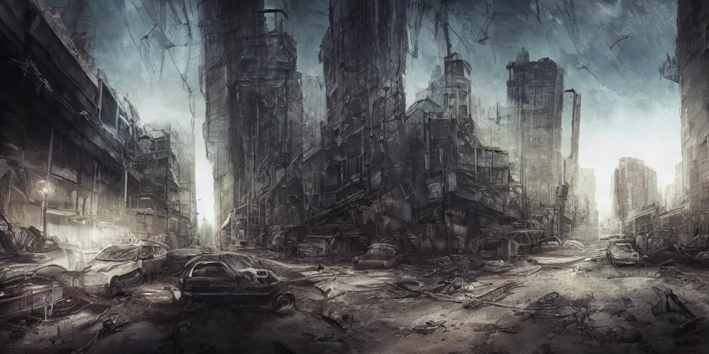 Prompt: upside down post-apocalyptic city, sci-fi, cinematic