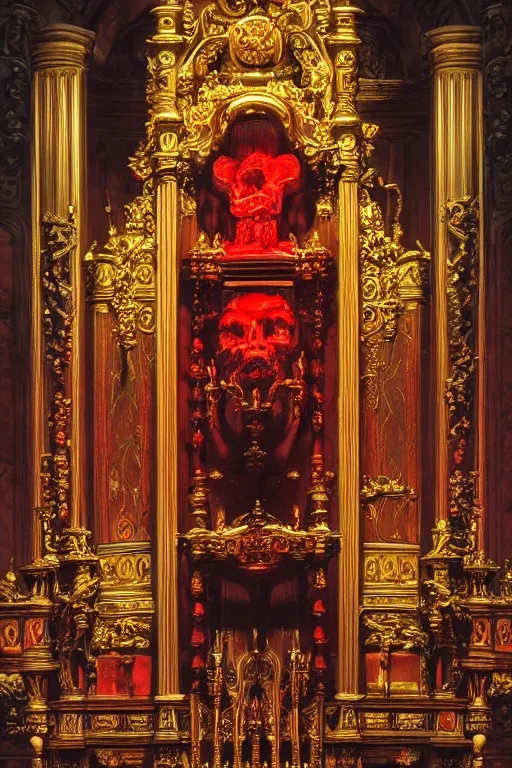 Prompt: baroque art style of glowing red spirit sitting on a pipe organ throne made of obsidian and silver