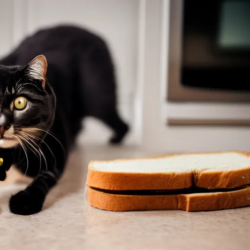 Prompt: a cat makes a ham sandwich in a kitchen, 85mm f1.8