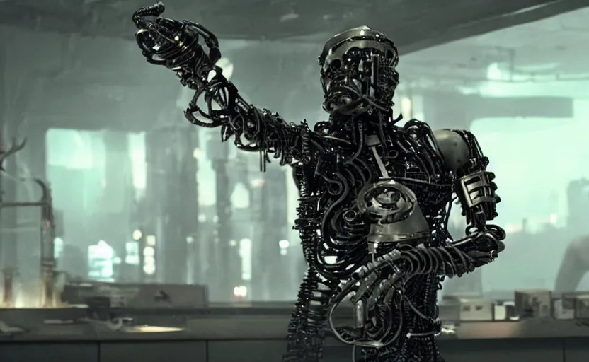 Image similar to biopunk style bounty hunter with one mechanical prosthetic arm and many cybernetics, movie still, cinematic shot