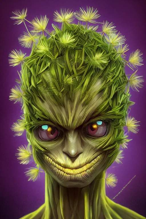 Image similar to a humanoid figure dandelion plant monster, amber eyes, highly detailed, digital art, sharp focus, ambient lighting, glowing, trending on art station, anime art style