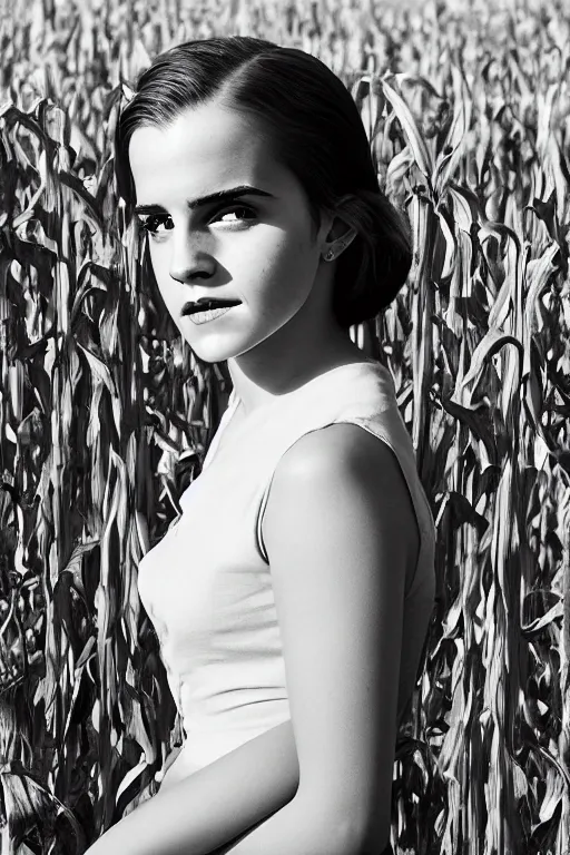 Image similar to photo photorealistic portrait photograph Emma Watson in a corn field 1950s portrait by Norman Rockwell