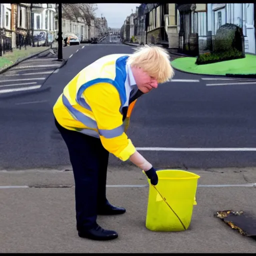 Image similar to A fine art painting of Boris Johnson doing community service in a high vis vest, he is picking litter on a British street