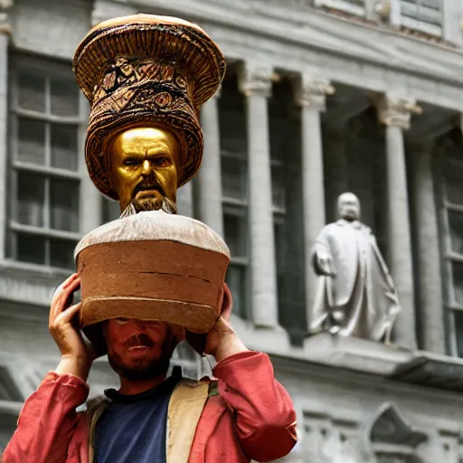 Image similar to guy with pot on his head and with bust of Lenin in his hands