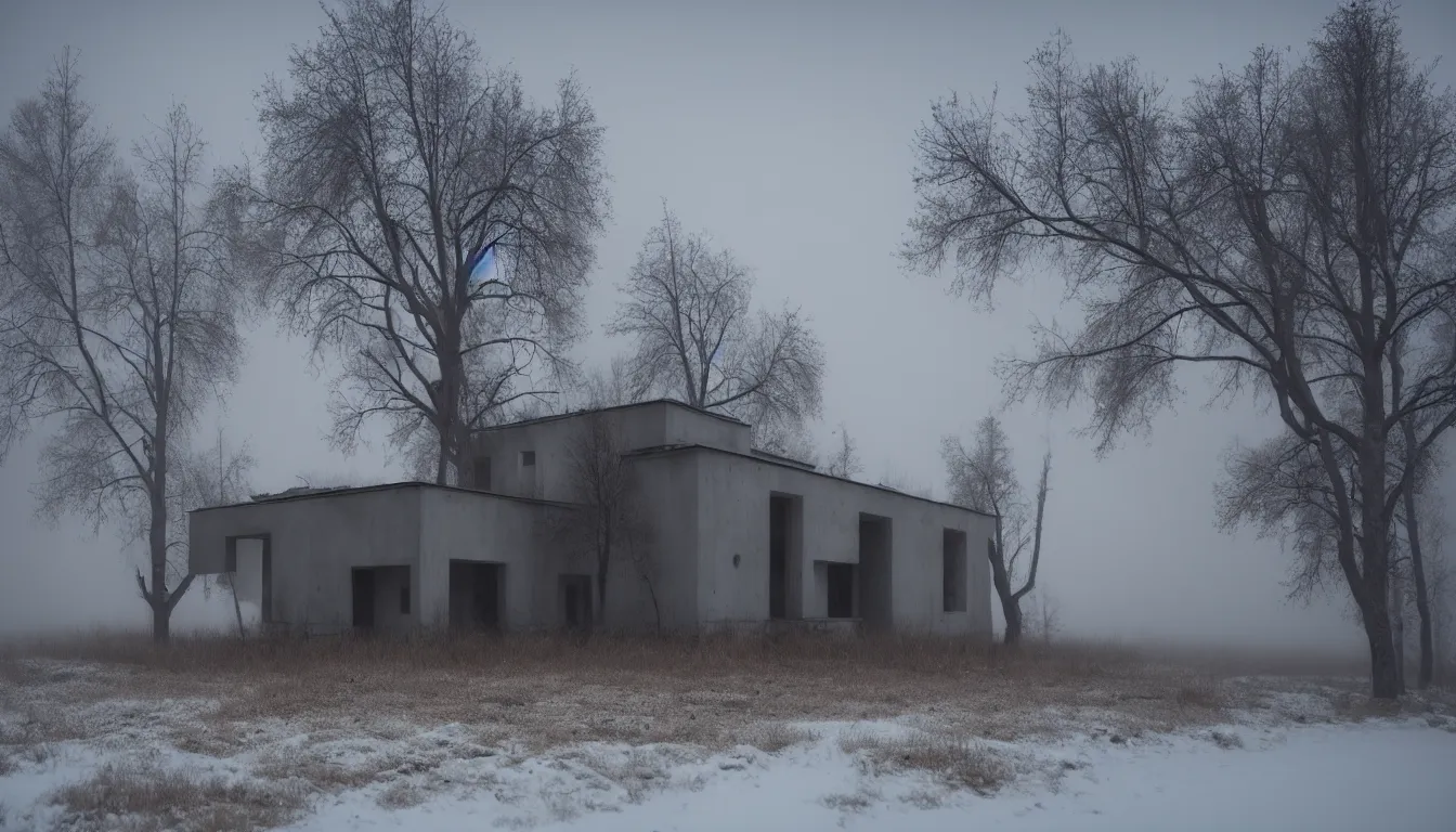 Prompt: russian style concrete house, abandoned, lifeless, winter, foggy blizzard, atmospheric, mystical, very detailed 4 k