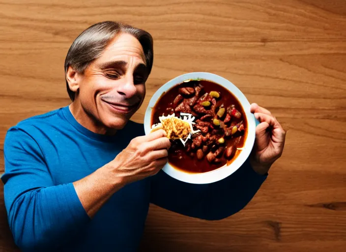 Image similar to photo of tony danza eating chili, 8 k, 8 5 mm f 5. 6